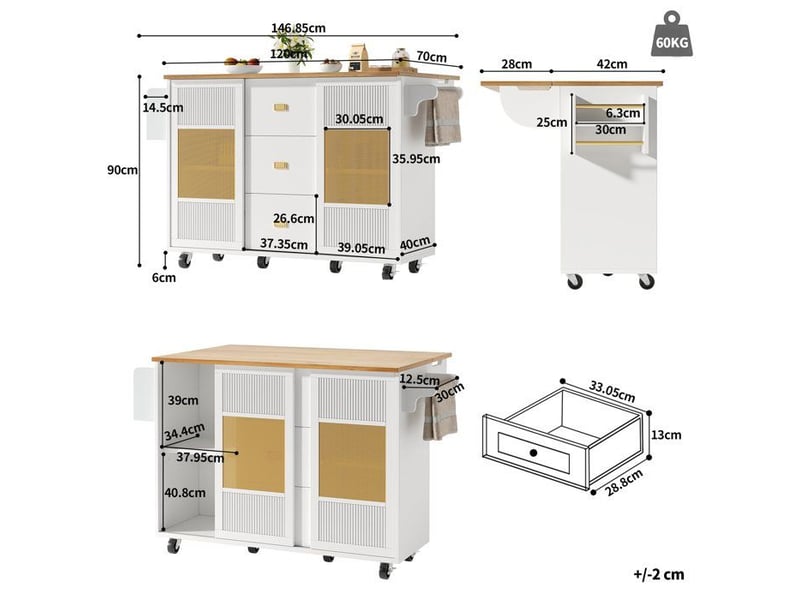  Îlot de cuisine - truxen8 - blanc - extensible - roulettes - porte-serviettes  - Conforama E