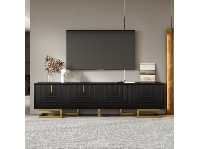  Meuble tv noir 160 cm portes texturées avec pieds dorés  - Conforama C
