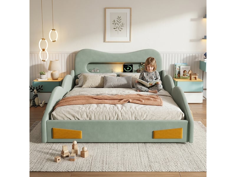  Lit voiture enfant 140x200cm avec lampe de lecture, port de charge, tiroir au pied et roues décoratives, lit rembourré en velours, vert evarich - Conforama B