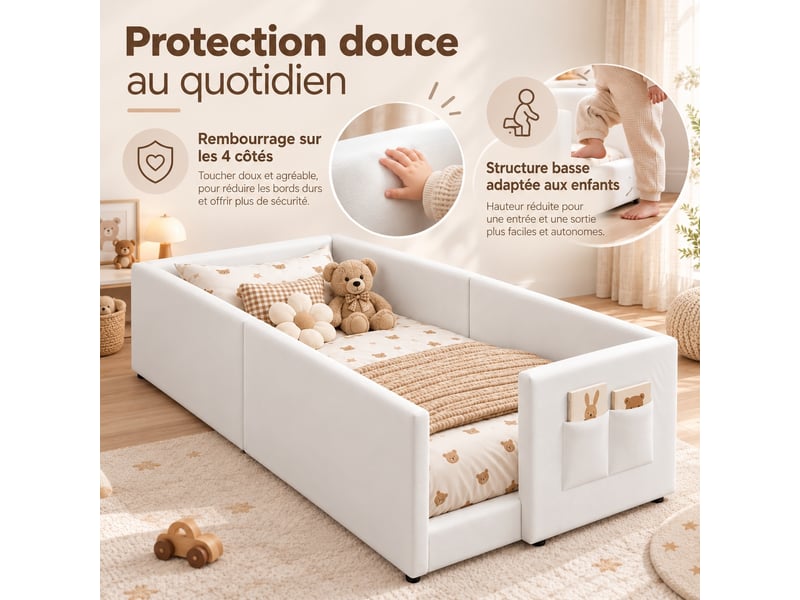  Lit enfant rembourré 90 x 200 cm avec sommier à lattes, côtés matelassés, lit d'appoint pour chambre, blanc  - Conforama D