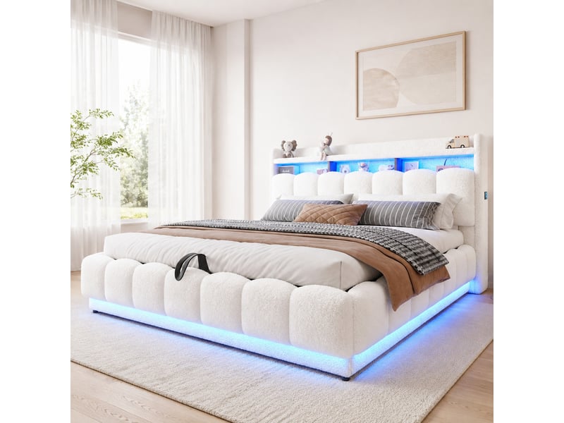 Lit coffre 180 x 200 cm blanc avec led, usb et sommier métallique - Conforama B