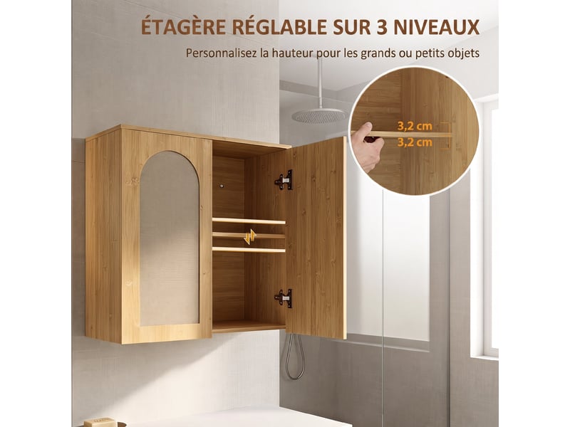 Armoire murale de salle de bain bohème avec 2 portes effet rotin à douce fermeture et étagère réglable, chêne - Conforama R