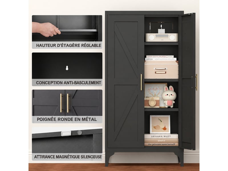  Armoire de rangement métallique verrouillable noire, 2 portes, 60 x 30 x 120 cm  - Conforama D