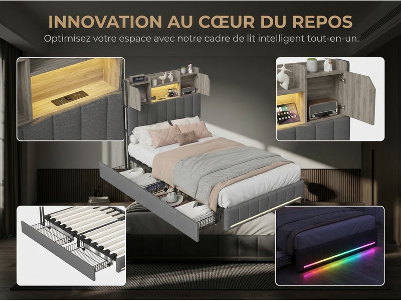  Lit coffre 90 x 200 cm - gris - led, tiroirs et tête de lit avec rangements  - Conforama D