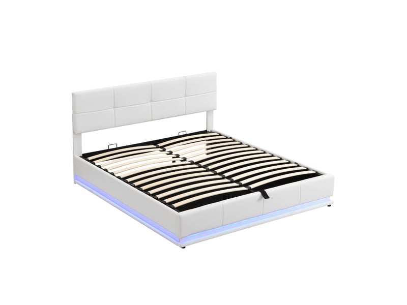  Lit capitonné 180x200 cm avec éclairage led et coffre de rangement relevable hydrauliquement, sommier à lattes, revêtement en similicuir, lit double, lit adulteenfant, blanc  - Conforama A