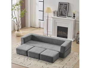 Canapé convertible modulable 3 places avec 3 repose-pieds, couchage et tapis de jeu en chenille gris