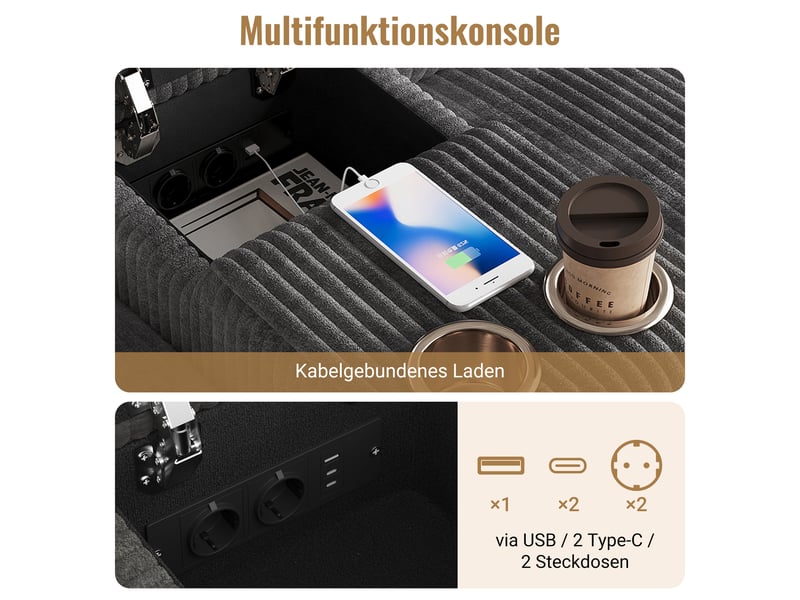  Canapé en u velours côtelé gris 4 places avec 2 poufs de rangement et ports usb  - Conforama D