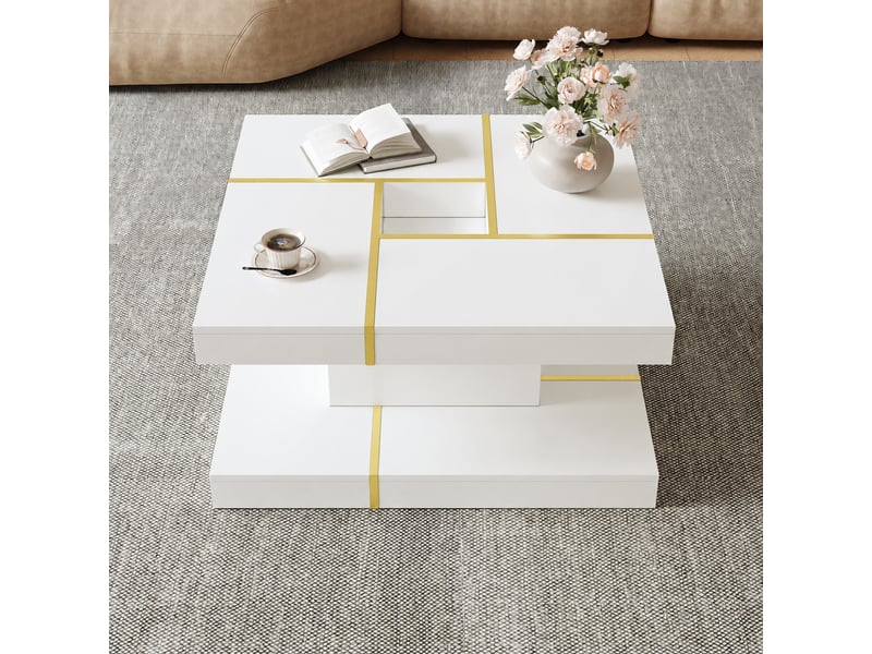  Table basse carrée blanche à 2 niveaux, niche centrale et détails dorés, 80 x 80 x 38 cm  - Conforama D