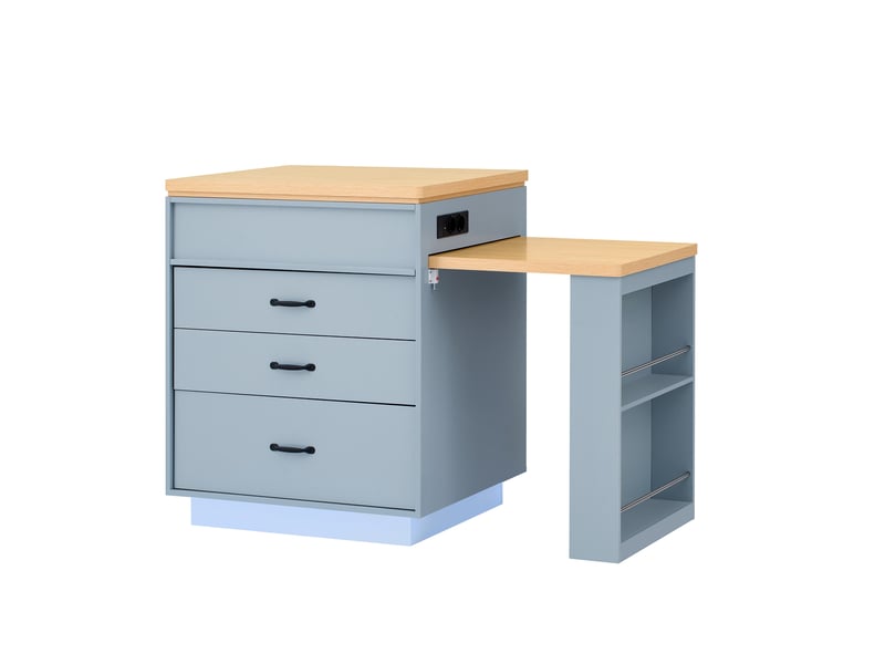  Îlot de cuisine sur roulettes et table extensible, avec éclairage led, prises usb et type-c, bleu, mdf  - Conforama A