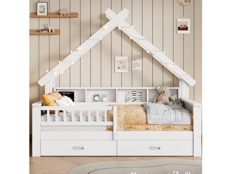  Lit pour enfant cabane, 90x200 cm, lit maison, avec led, barrière de sécurité, matelas non inclus, mdf, coloris blanc  - Conforama D