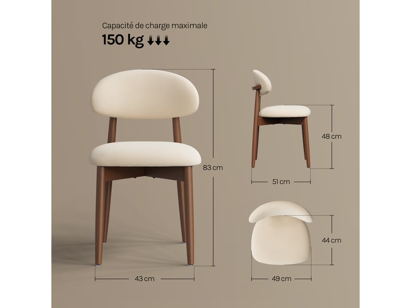  Lot de 4 chaises de salle à manger en tissu chenille, pieds en bois massif，43 x 51 x 83 cm，beige  - Conforama D