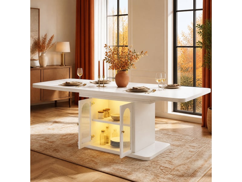  Table à manger extensible 150 à 200 cm, rangement led, blanche effet marbre  - Conforama B