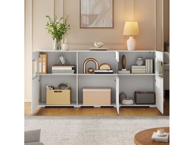 Buffet 3 portes 160x38x78 cm avec éclairage led contrôlable par application, panneau de particules, blanc brillant - Conforama E