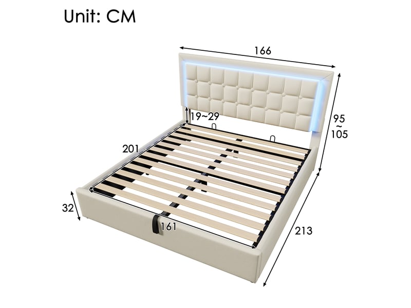  Lit coffre double 160x200 avec sommier, led et rangement hydraulique, avec matelas pour chambre en polyuréthane blanc  - Conforama C