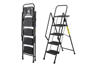 Escabeau 4 marches acier pliant avec rampe et plateau porte-outils amovible, charge 150 kg, noir