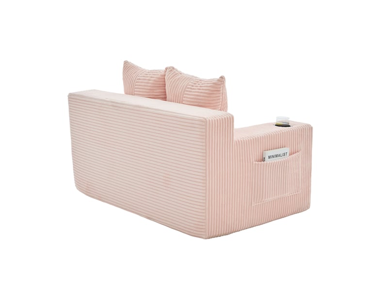 Canapé 2 places moderne en cachemire avec 2 coussins, porte-gobelet, pouf et rangement latéral - Conforama E