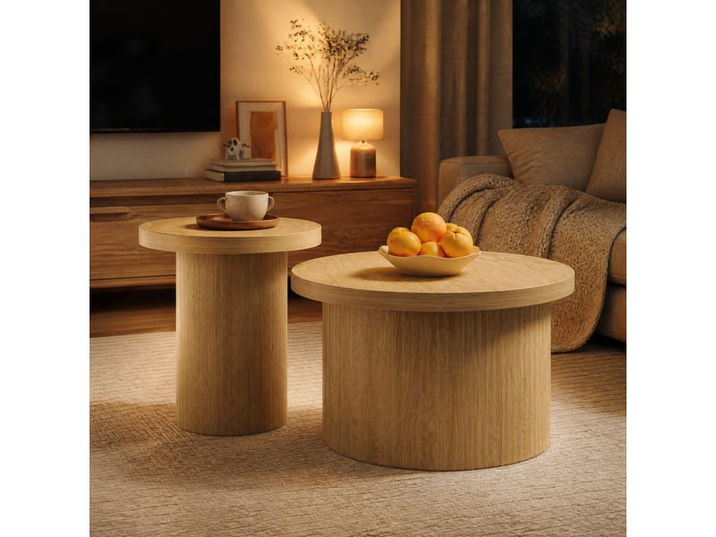  Lot de 2 tables basses rondes en mdf, finition bois naturel, 66 et 40 cm  - Conforama B