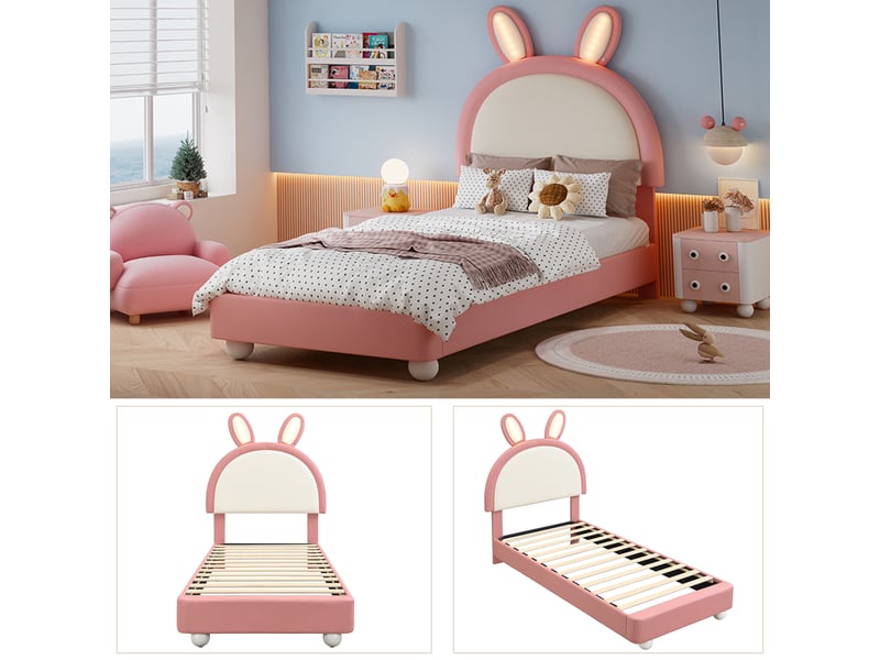  Lit enfant simple 90×200 cm led et tête de lit lapin  - sans matelas, pu rose et blanc  - Conforama E
