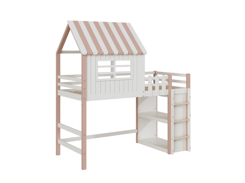 Lit enfant 90x200cm, lit mezzanine avec escalier, espace de rangement et sommier, lit 1 place, rose, sans matelas - Conforama R