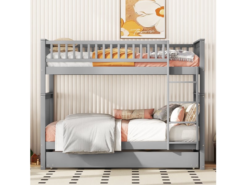  Lit superposé 90x200 cm avec lit gigogne et escalier, coloris gris  - Conforama E