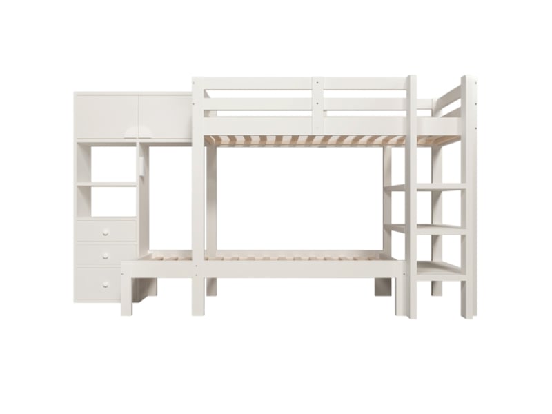 Lit superposé 90x200 cm, lit enfant avec veilleuse led, rangements, étagère et 3 tiroirs, blanc, sans matelas - Conforama D