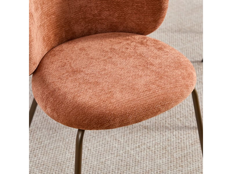  Lot de 2 chaises de salle à manger orange en chenille, dossier courbé, piètement en métal bronze, design moderne  - Conforama E