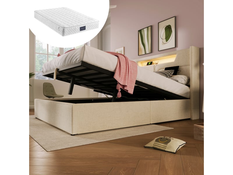  Lit capitonné, lit double 160x200 cm, led, usbusb-c, sommier à lattes, lin beige, matelas inclus  - Conforama C