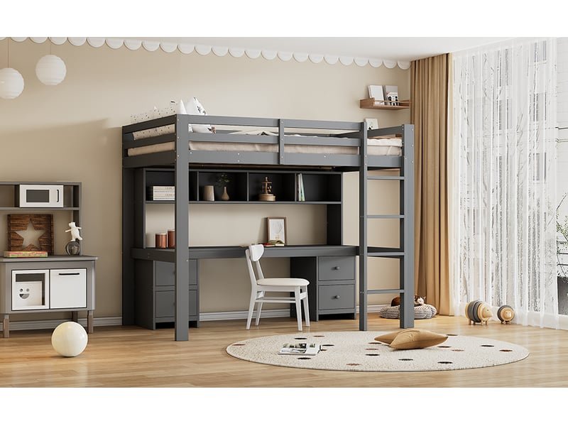 Lit superposé 90x200 cm avec bureau et rangements gris pin massif échelle et garde-corps inclus Sol Morn - Conforama E