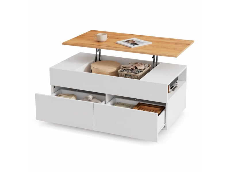 Table basse relevable avec 2 tiroirs et rangement semi-ouvert, pour salon, en panneau de particules, blanc, 100×50×40 cm - Conforama A