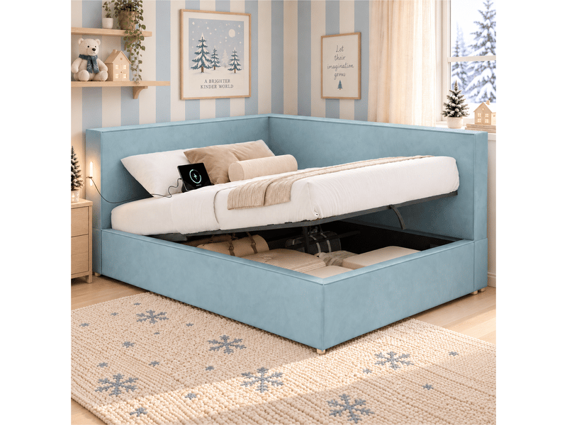  Lit banquette coffre 90x200cm avec levage hydraulique, led, usb-a et usb-c, sommier à lattes, dossier rembourré en velours bleu, pour chambre  - Conforama B