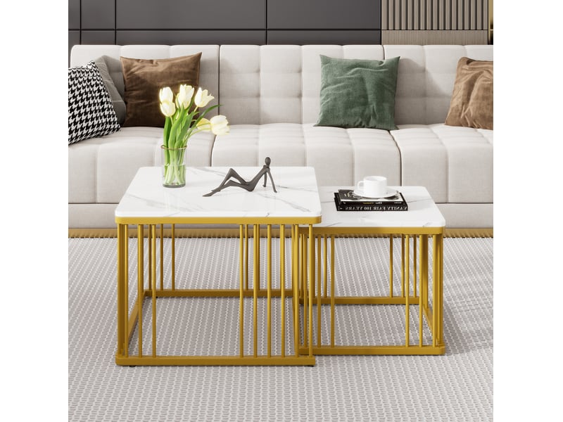  Tables basses gigognes carrées avec plateau effet marbre brillant, pieds dorés et pieds réglables pour salon  - Conforama C
