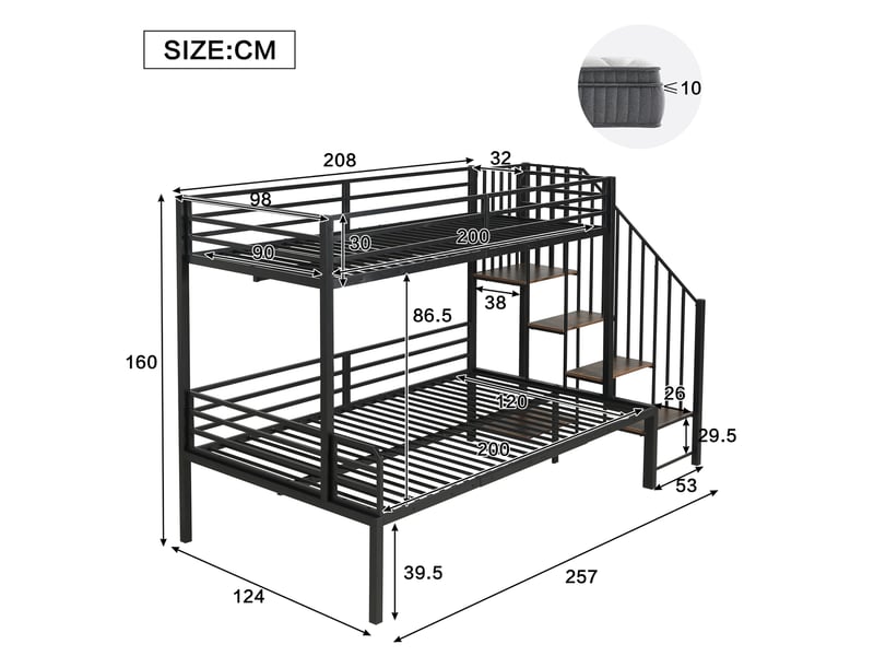 Lit superposé 90x200 et 120x200 cm en métal noir avec échelle à 4 marches et rangement - Conforama C