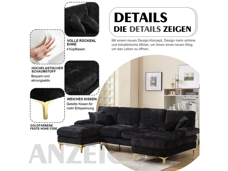 Canapé en u en chenille noir 272x136x88 cm avec deux méridiennes et pieds métal dorés - Conforama E