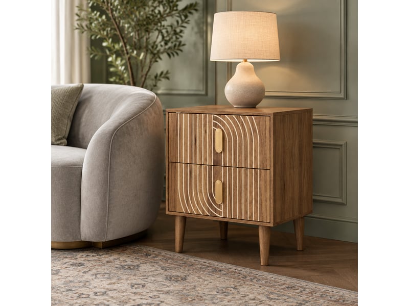  Table de chevet bohème 48 x 38 x 56 cm en mdf marron, 2 tiroirs et décor géométrique, pour chambre adulte  - Conforama E