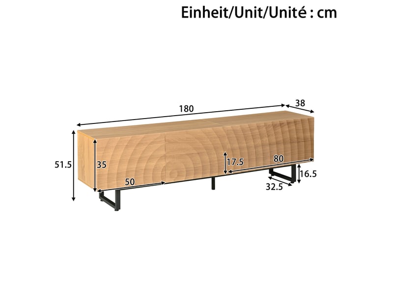  Meuble tv scandinave 180 cm avec texture 3d et pieds métal - naturel  - Conforama C