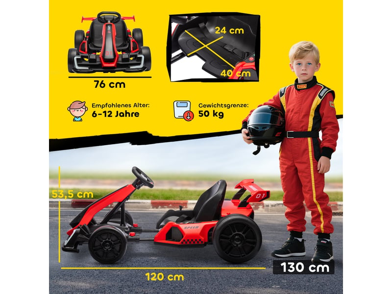 Kart électrique pour enfants, avec klaxon et fonction musicale, siège réglable, jusqu'à 12 kmh, plastique et métal, rouge. - Conforama E