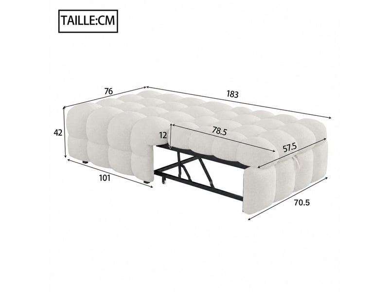  Lit banquette 1 place en tissu bouclette, convertible en pouf et canapé, 183x76 cm, sans matelas séparé, beige  - Conforama D