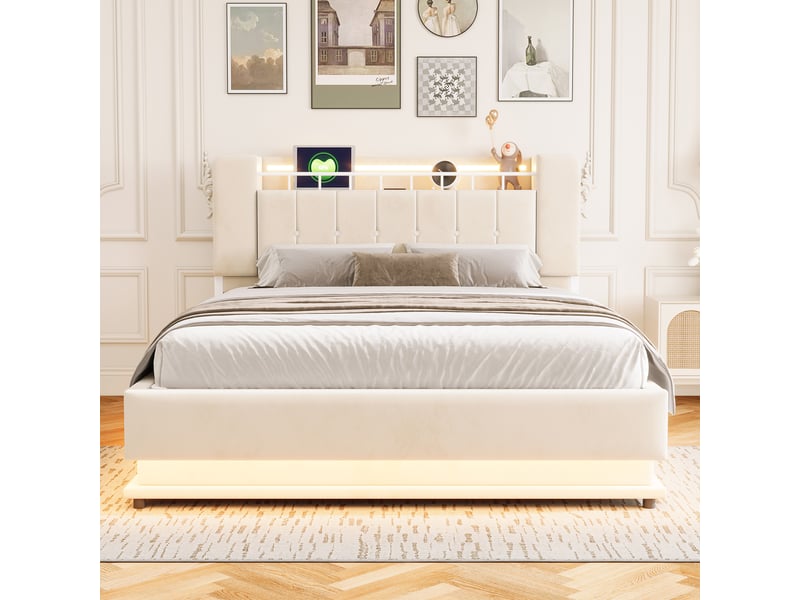  Lit coffre capitonné 160 x 200 cm - avec éclairage led - avec port usb - velours - beige (matelas non inclus)  - Conforama D