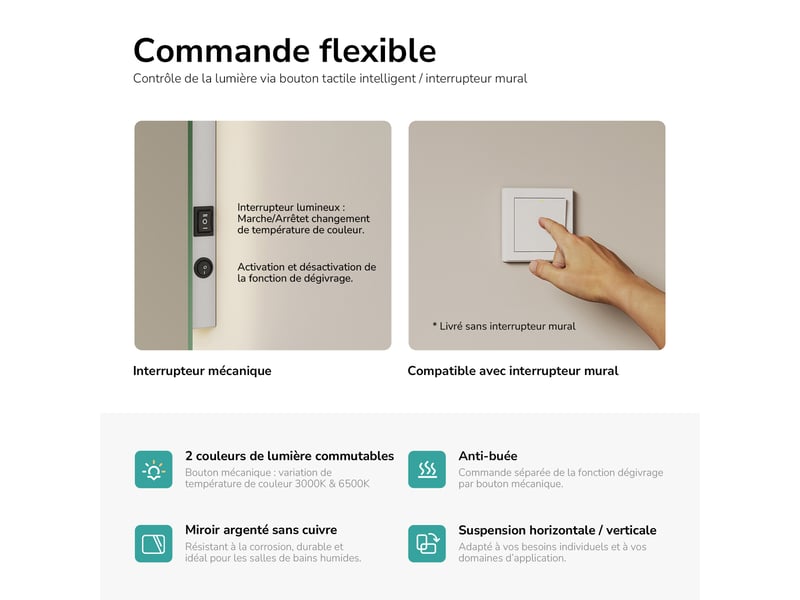  Emke miroir led salle de bain rétroéclairé 50 x 60 cm, anti-buée, interrupteur à bouton, lumière blanc froidchaud  - Conforama E