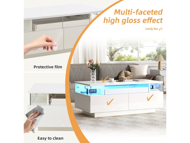  Table basse avec 2 tiroirs, plateau amovible et led pour salon 90×45×35,5 cm en panneaux de particules blanc  - Conforama C