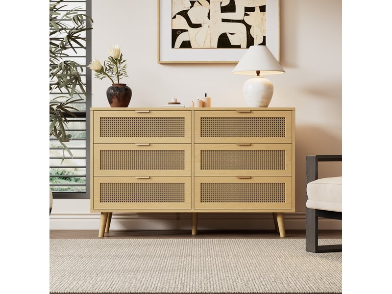  Commode à 6 tiroirs style rétro – 120 x 76,5 x 40 cm – poignées métal et pieds en bois  - Conforama C