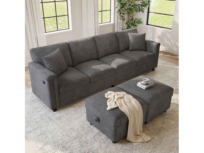  Canapé modulable 261x134x82 cm avec 2 poufs de rangement et 2 coussins décoratifs gris  - Conforama B
