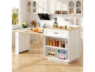 Desserte cuisine, îlot central sur roulettes avec plan de travail, plateau extensible, 2 tiroirs, dimensions 133 à 202 x 70 x 93,5 cm, mdf, blanc