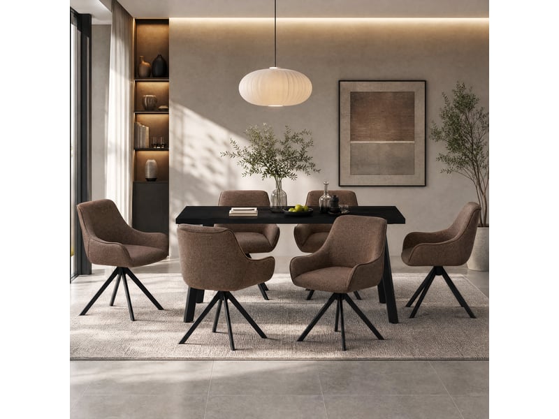  Ensemble table et 6 chaises - table rectangulaire 160x80 cm monobloc en chêne noir et pieds métal, 6 chaises en tissu marron moka et pieds métal  - Conforama A