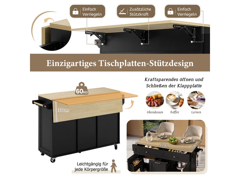  Îlot de cuisine à roulettes 140x40x92 cm avec coin repas extensible, buffet de cuisine avec tiroirs multifonctions, noir  - Conforama R