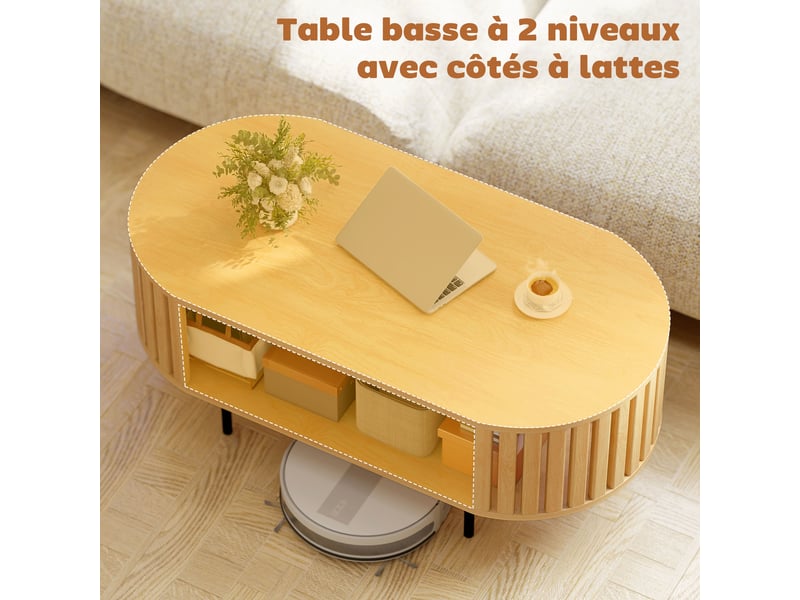  Table basse ovale, table de salon avec rangement, coins arrondis, design lattes, 100 x 50 x 40 cm, effet bois naturel  - Conforama D