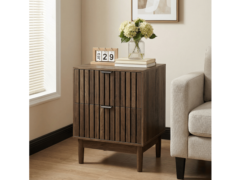  Table de chevet noyer  45 x 39 x 56,5 cm avec 2 tiroirs, design à lattes, mdf et pieds en bois  - Conforama E
