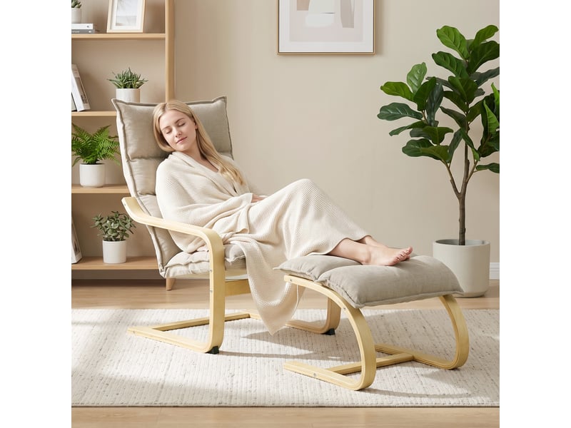  Fauteuil de salon et repose-pieds style nordique bois tissu taupe clair  - Conforama D