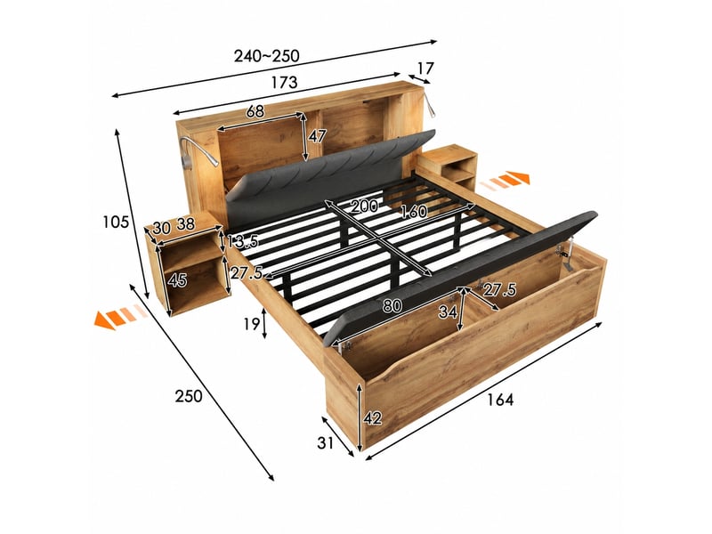  Lit double 160x200 cm avec rangement, lampes usb et chevets, effet chêne  - Conforama C