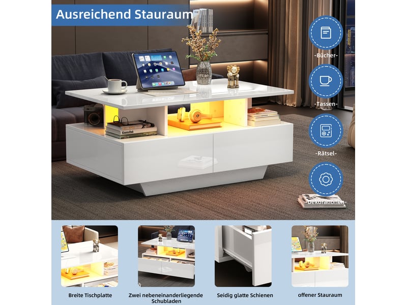  Table basse 90x55x41 cm rectangulaire, stockage creux, rangements ouverts, 2 tiroirs, led, table de salon, pb, blanc  - Conforama E